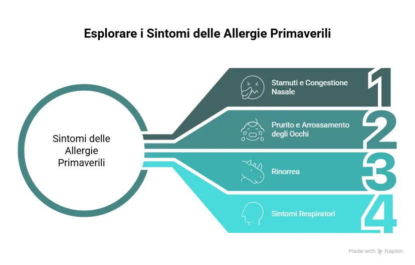 Infografica dei sintomi delle allergie primaverili: starnuti e congestione nasale, prurito e arrossamento degli occhi, rinorrea e sintomi respiratori.